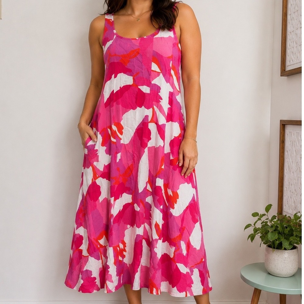 MSK Size Large LINEN Blend Pink Floral Maxi Dress Coastal Resort Boho Summer